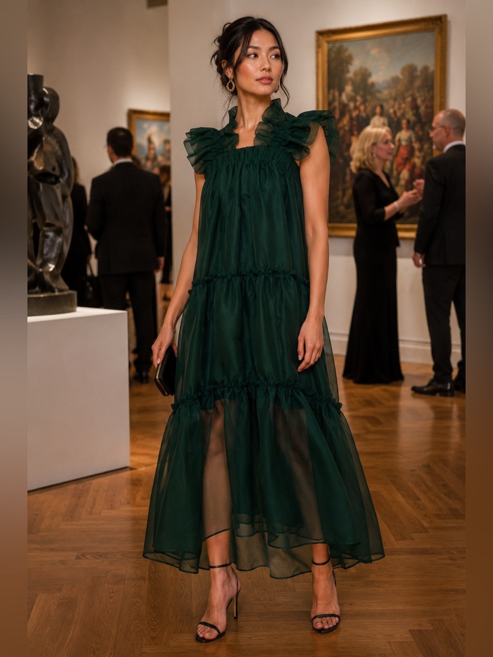 Inclan Studio Inwood Silk Organza Maxi Dress Forest Green Size XS NWT